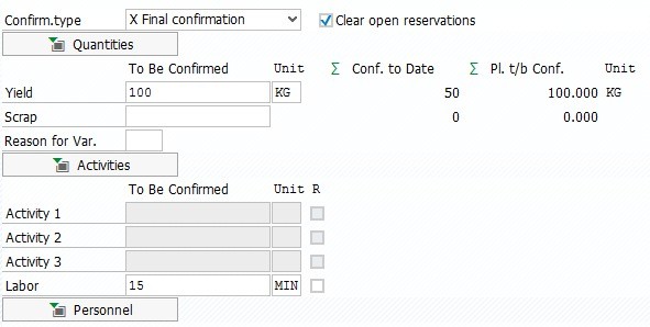 Filling confirmation activities by hand in transaction CO11N